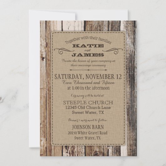 Invitation Campagne Grange Bois Planks Mariage rustique (Devant)