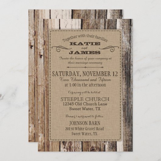 Invitation Campagne Grange Bois Planks Mariage rustique (Devant / Derrière)