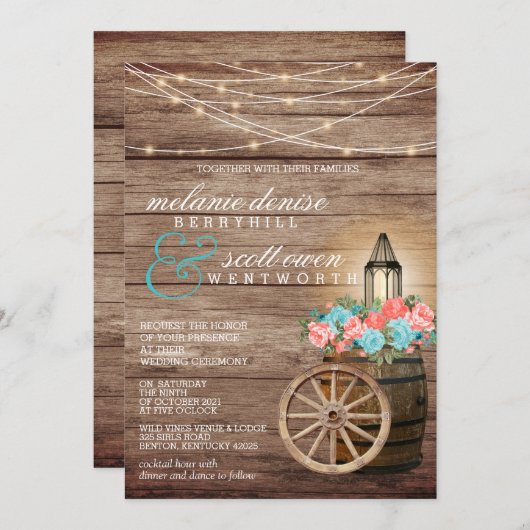 Invitation Campagne Lumière Fleurs Turquoises et corail Invit (Devant / Derrière)