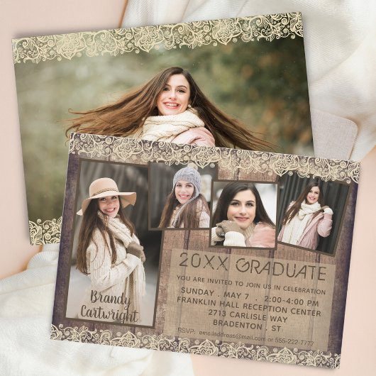 Invitation Campagne Rustique Bois Dentelle DIPLÔMÉ 5 Photos