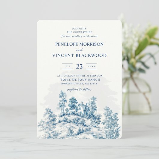 Invitation Campagne Toile de Jouy Mariage (Debout devant)