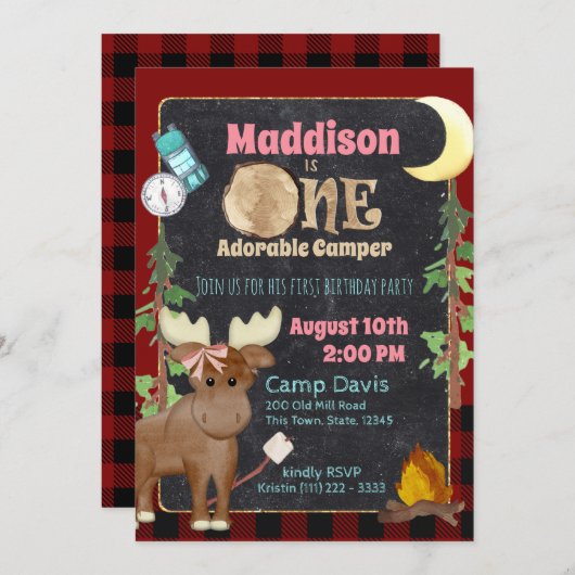 Invitation Camper Buffalo Plaid 1er Anniversaire Camping (Devant / Derrière)