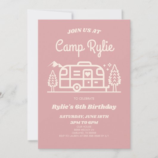 Invitation Camper Camp Retro Rose Camper Camping Fête d'Anniv (Devant)