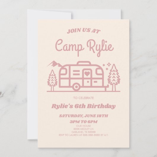 Invitation Camper Camp Retro Rose Camper Camping Fête d'Anniv (Devant)