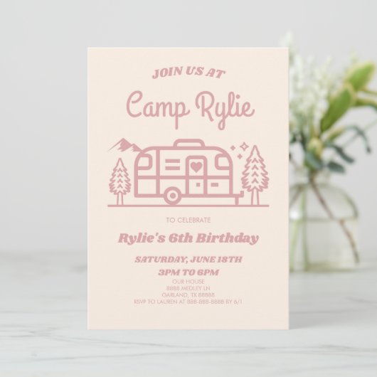 Invitation Camper Camp Retro Rose Camper Camping Fête d'Anniv (Debout devant)