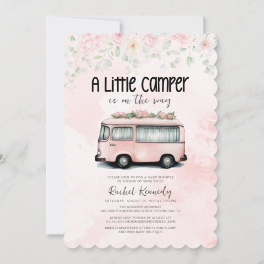 Invitation Camper Rétro Rose Un Petit Baby shower Camper (Devant)