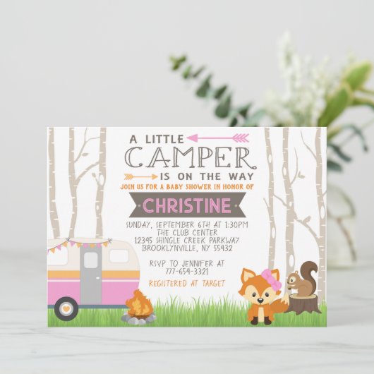 Invitation Camper RV rose Baby shower d'animaux forestiers de (Debout devant)