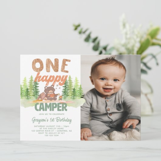 Invitation Camper très heureux Photo 1er Anniversaire Invitat (Debout devant)