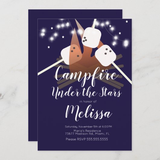Invitation Campfire Marshmallows Stars Camping Extérieur Fête (Devant / Derrière)
