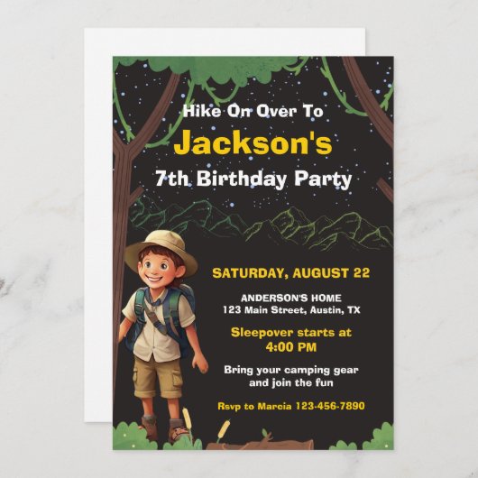 Invitation Camping à thème Aventure en plein air Anniversaire (Devant / Derrière)