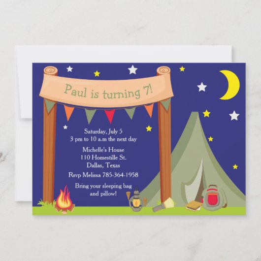 Invitation Camping Anniversaire fête Dormir Khaki Vert (Devant)