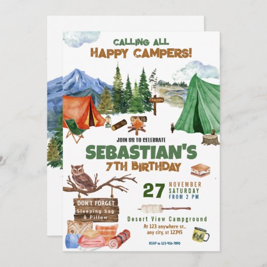 Invitation Camping Anniversaire Fête Enfants modernes (Devant / Derrière)