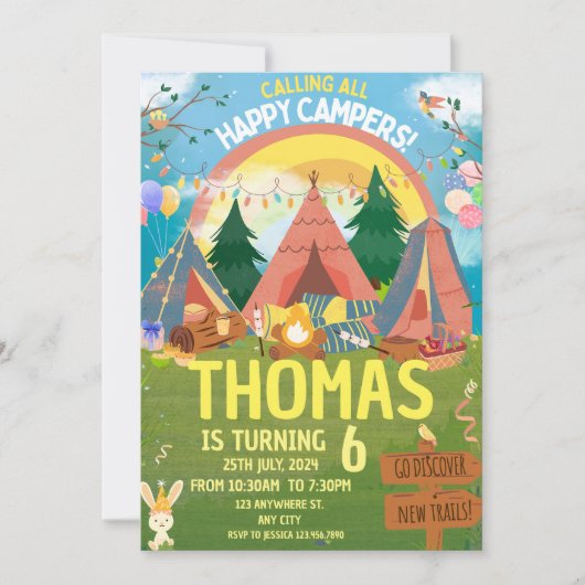 Invitation Camping Anniversaire Fête Enfants modernes Invitat (Devant)