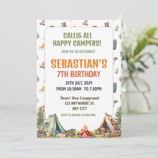 Invitation Camping Anniversaire Fête Enfants modernes Invitat (Debout devant)