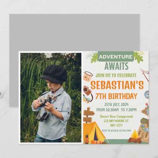 Invitation Camping Anniversaire Fête Enfants modernes Invitat (Devant / Derrière)