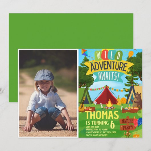 Invitation Camping Anniversaire Fête Enfants modernes Invitat (Devant / Derrière)