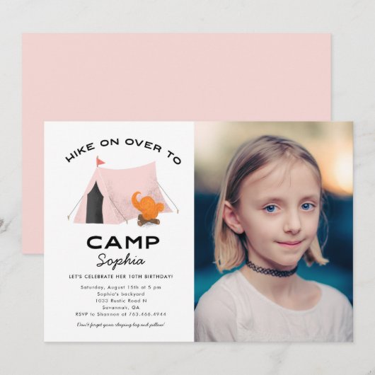 Invitation Camping Anniversaire Pink Tente Photo (Devant / Derrière)
