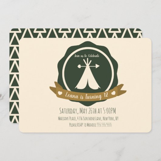 Invitation Camping Anniversaire Teepee Badge (Devant / Derrière)