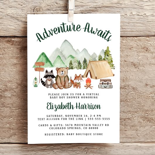 Invitation Camping Baby shower virtuel des animaux de bois