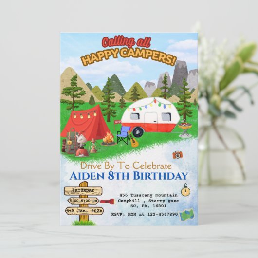 INVITATION CAMPING BASH D'ANNIVERSAIRE, CAMPING SUR LES MONTA (Debout devant)