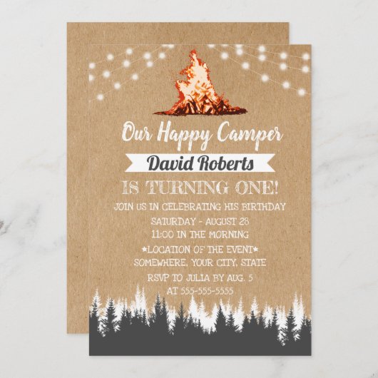 Invitation Camping Bonfire Happy Camper Rustic Kraft Annivers (Devant / Derrière)