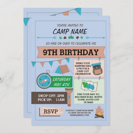 Invitation CAMPING Camp Out BUG ANNIVERSAIRE FÊTE garçons inv (Devant / Derrière)