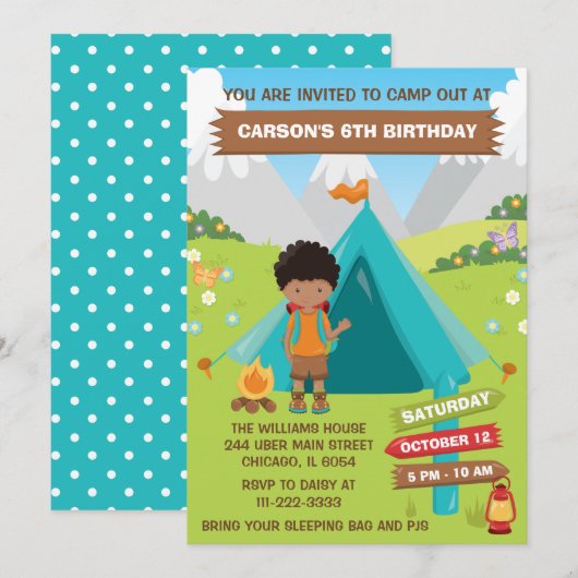 Invitation Camping extérieur Anniversaire African American Bo (Devant / Derrière)