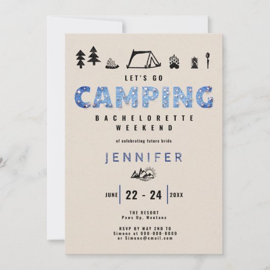Invitation Camping Glam Denim Diamonds Bachelorette Week-end (Devant)