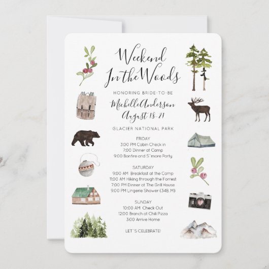 Invitation Camping Glamping Bachelorette Week-end Itinéraire (Devant)