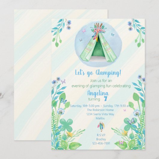 Invitation Camping Glamping Tente Verte Slepover À L'Extérieu (Devant / Derrière)