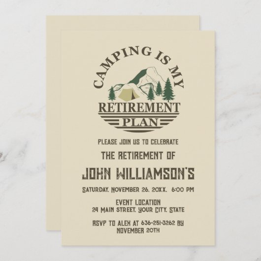 Invitation Camping is my retirement plan retired party (Devant / Derrière)