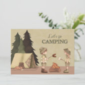 Invitation Camping Let's Go - campeurs, feu de camp, tente (Debout devant)