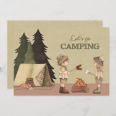 Invitation Camping Let's Go - campeurs, feu de camp, tente (Devant / Derrière)