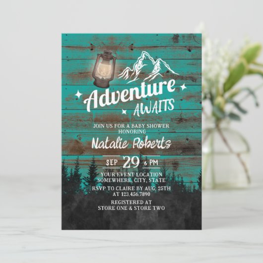 Invitation Camping Mountain Adventure Baby shower Turquoise r (Debout devant)
