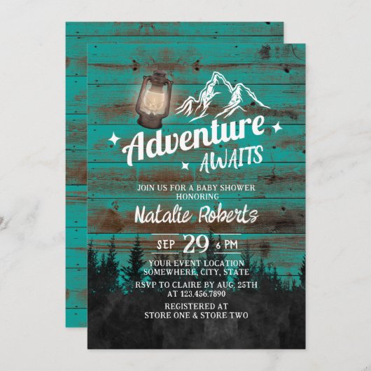 Invitation Camping Mountain Adventure Baby shower Turquoise r (Devant / Derrière)