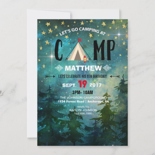 Invitation Camping Nuit Heure Forêt Wilderness Anniversaire (Devant)