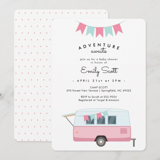 Invitation Camping Pink Adventure Await Baby shower (Devant / Derrière)