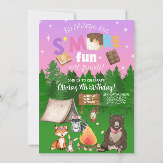 Invitation Camping plus fun fille anniversaire invitation. in (Devant)