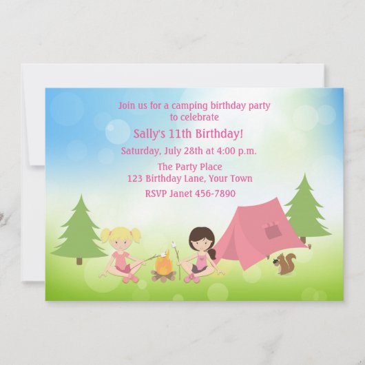 Invitation Camping pour filles Anniversaire (Devant)
