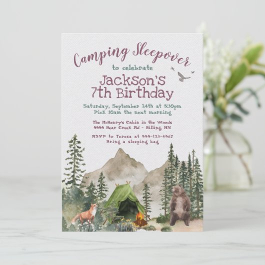 Invitation Camping Sleepover Forêt Forêt Bois Anniversaire Fê (Debout devant)
