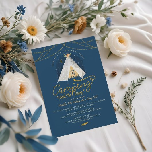 Invitation Camping Under the Stars Tepee Navy & Gold Birthday