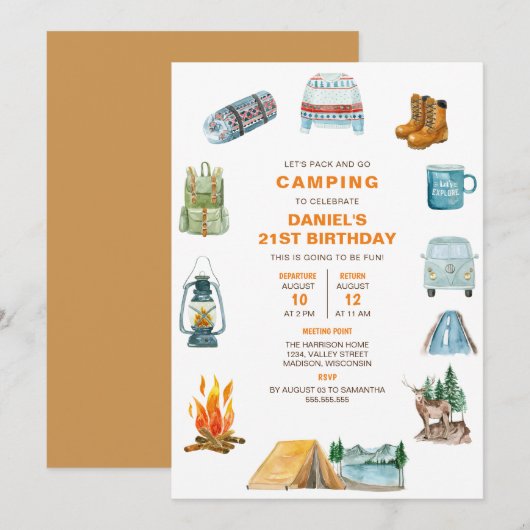Invitation Camping Watercolor Campout extérieur Anniversaire (Devant / Derrière)