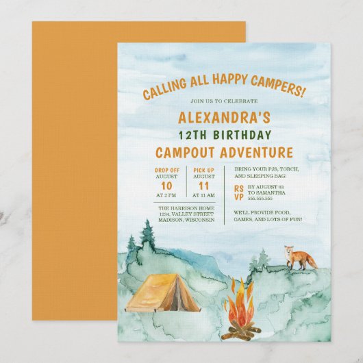 Invitation Camping Woodland Adventure Tente Campout Anniversa (Devant / Derrière)