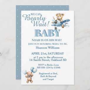 Invitation Can Bearly Wait- mignonne Garçon Teddy Bear en avi
