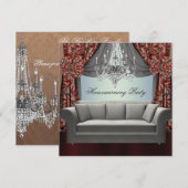 Invitation Canapé Damas Chandelier Fête de Chauffage (Devant / Derrière)