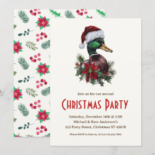 Invitation Canard dans le Santa Hat Poinsettias Noël