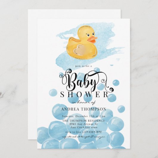 Invitation Canard en caoutchouc | Baby shower bleu (Devant / Derrière)