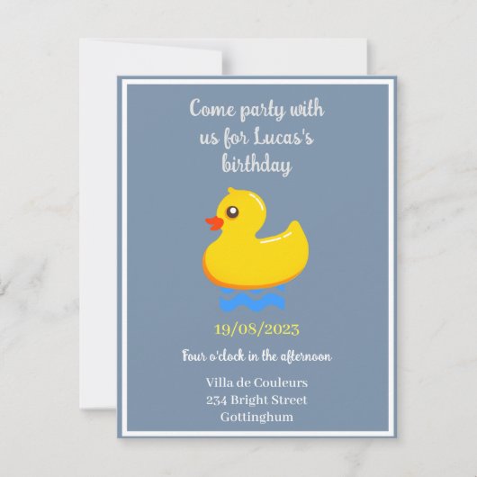 Invitation canard en caoutchouc jaune -fête d'anniversaire (Devant)