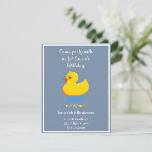 Invitation canard en caoutchouc jaune -fête d'anniversaire (Debout devant)