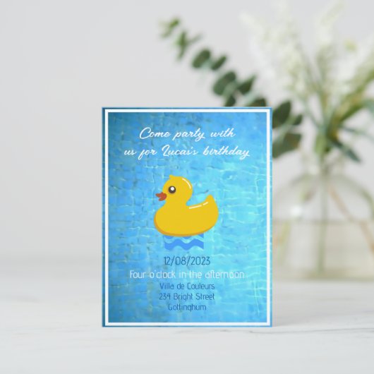 Invitation canard en caoutchouc jaune - fête d'anniversaire (Debout devant)
